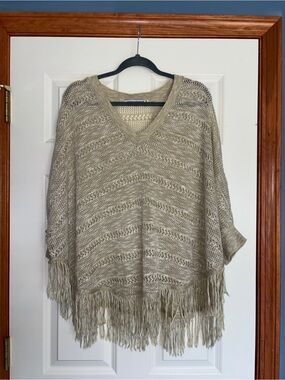 Cotton Emporium Beige V‑Neck Fringe Sweater Poncho